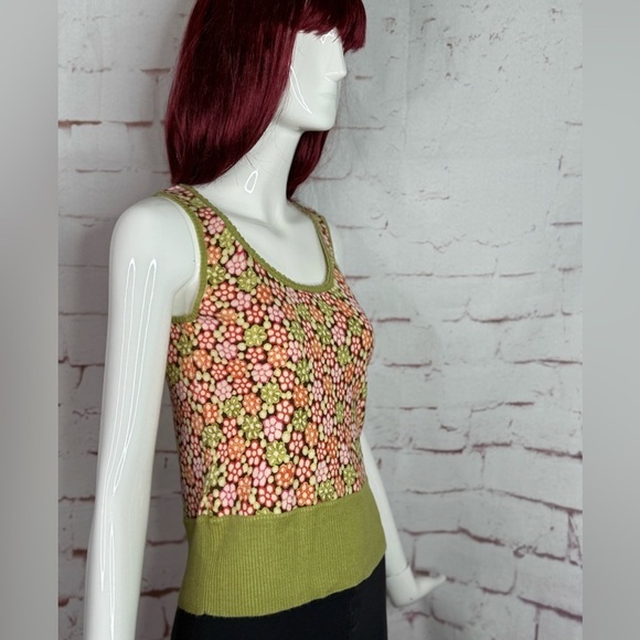 SIGRID OLSEN XS Silk Knit Moss Green Orange Pink Floral Sleeveless Sweater Vest - Picture 13 of 13